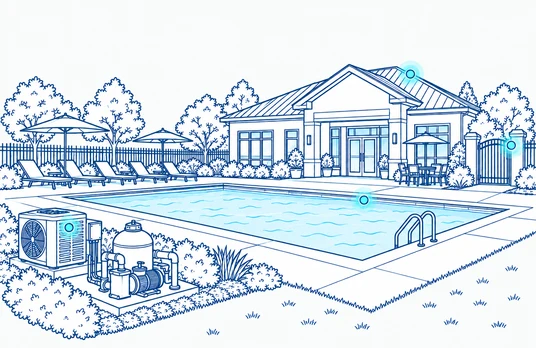 Architectural line drawing of a community center, swimming pool, pool equipment, landscaping, and entry gate with monitored points.